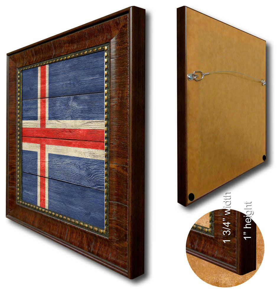 Iceland Country Textured Flag Print With Brown Gold Frame, 15"X21"