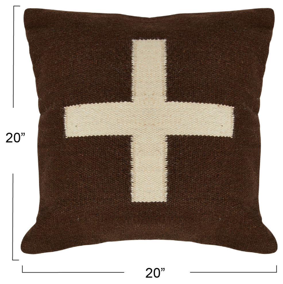 Swiss Cross Cotton Wool Throw Pillow, Brown and Natural