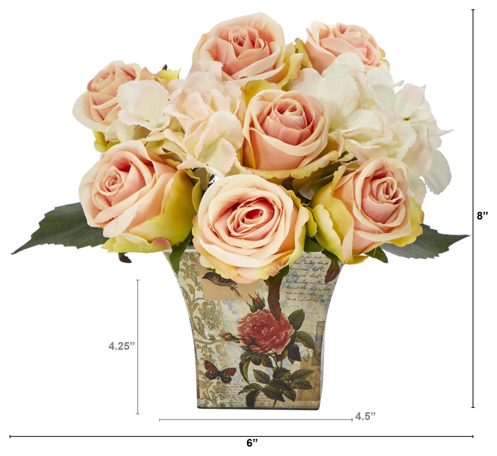 8" Rose and Hydrangea Bouquet Artificial Arrangement, Floral Vase