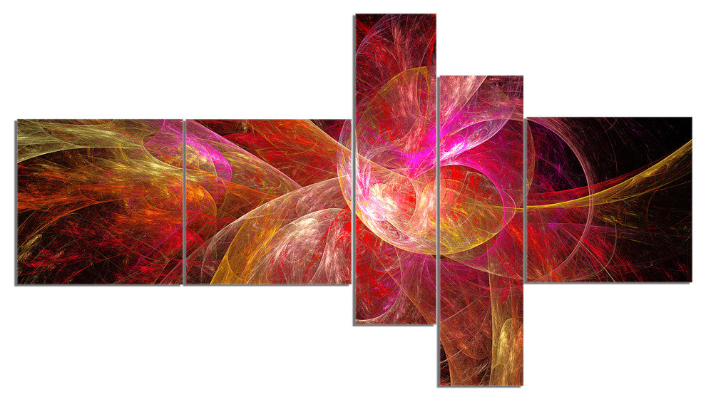 Pink on Black Fractal Illustration, Abstract Canvas Art Print, 60"x32", 5 panels