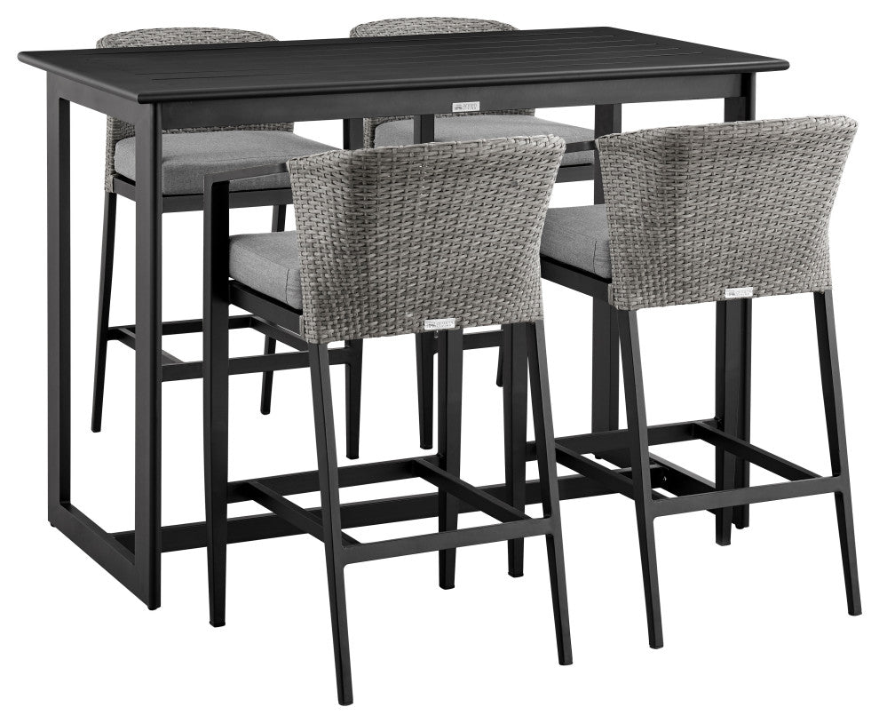 Aileen Outdoor Patio 5-Piece Bar Table Set, Aluminum With Gray Cushions