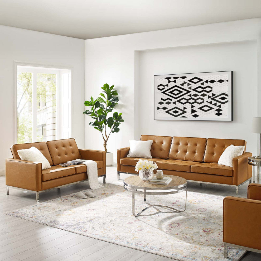 Loft Tufted Upholstered Faux Leather Sofa and Loveseat Set Silver Tan