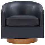 Irving Midnight Blue Faux Leather Wood Base Barrel Swivel Chair