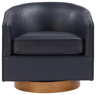 Irving Midnight Blue Faux Leather Wood Base Barrel Swivel Chair