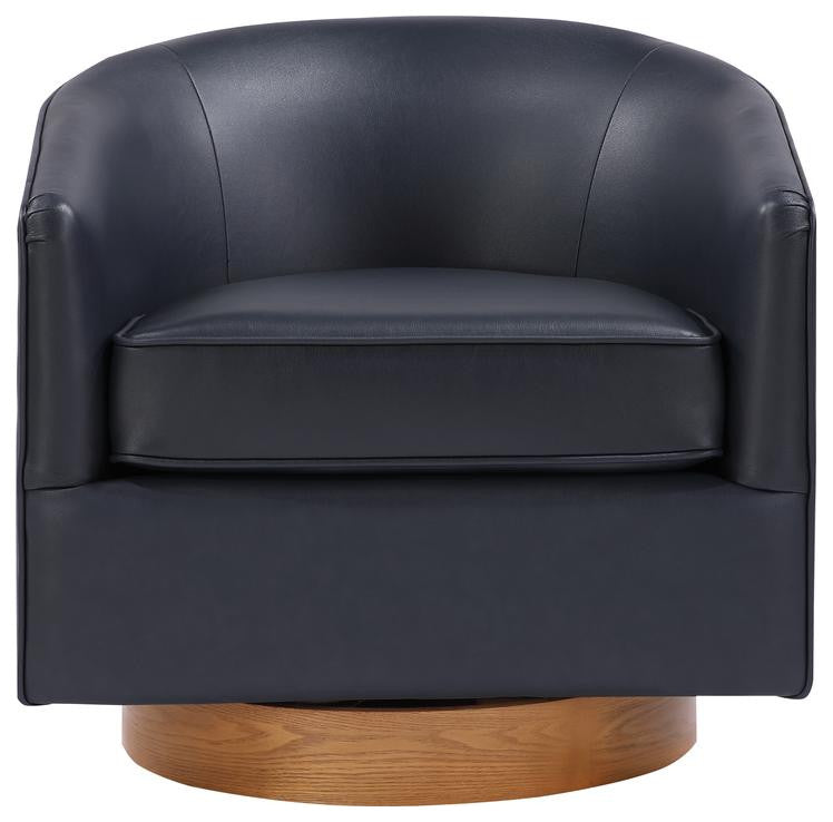 Irving Midnight Blue Faux Leather Wood Base Barrel Swivel Chair