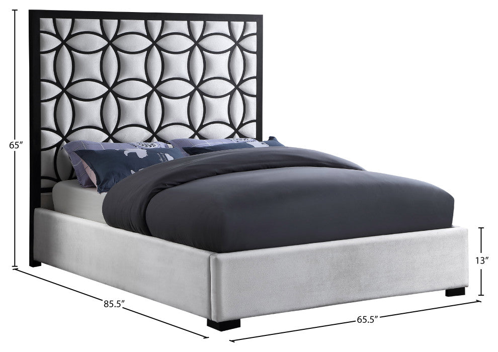 Taj White Velvet Bed With Matte Black Steel Frame and Legs, Queen