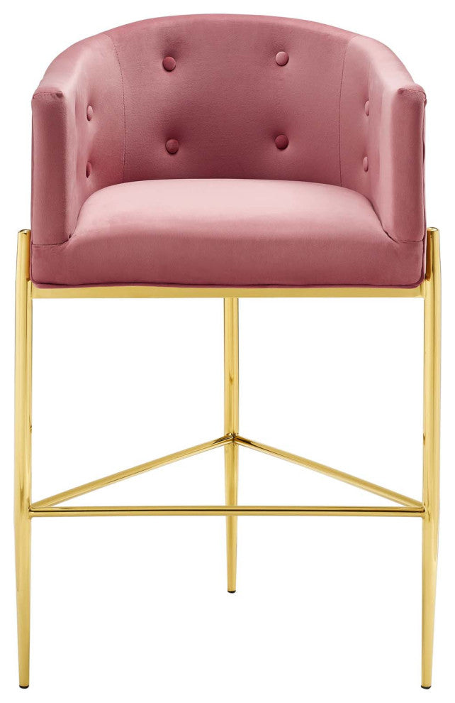 Tufted Bar Stool Chair Barstool, Set of 2, Velvet, Metal, Pink, Modern, Bar Pub