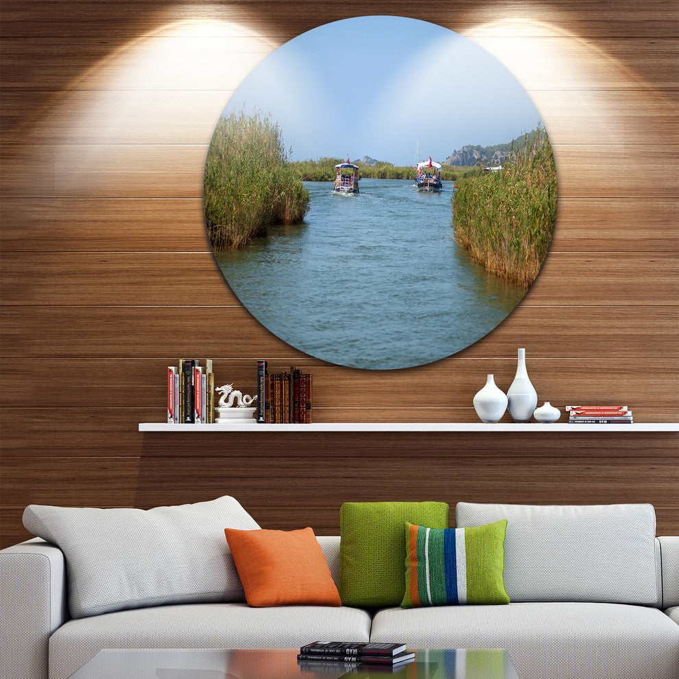 Touristic River Boats, Landscape Photography Disc Metal Wall Art, 11"