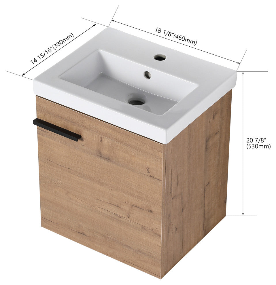 18 in. Wall-Mounted Small Bathroom Vanity With Ceramic Sink, Imitative Oak