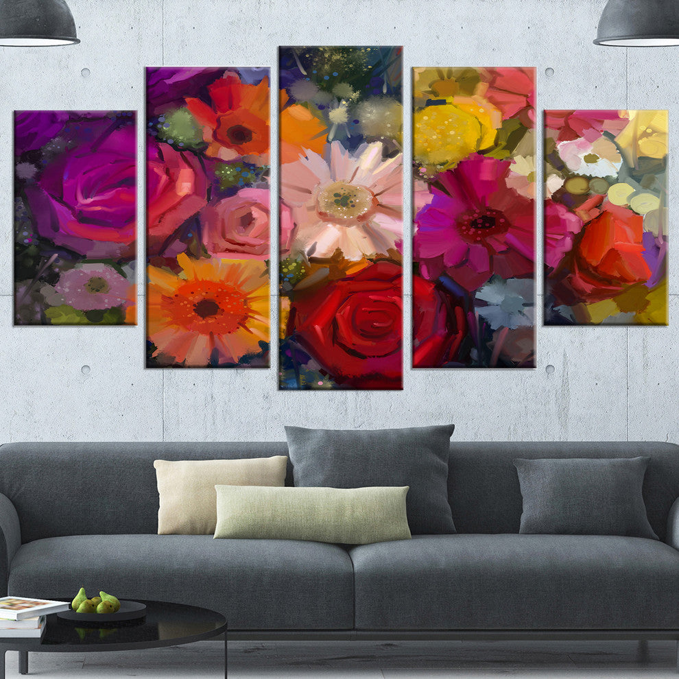 Bouquet of Rose Daisy and Gerbera, Floral Canvas Artwork, 60"x32", 5 Panels