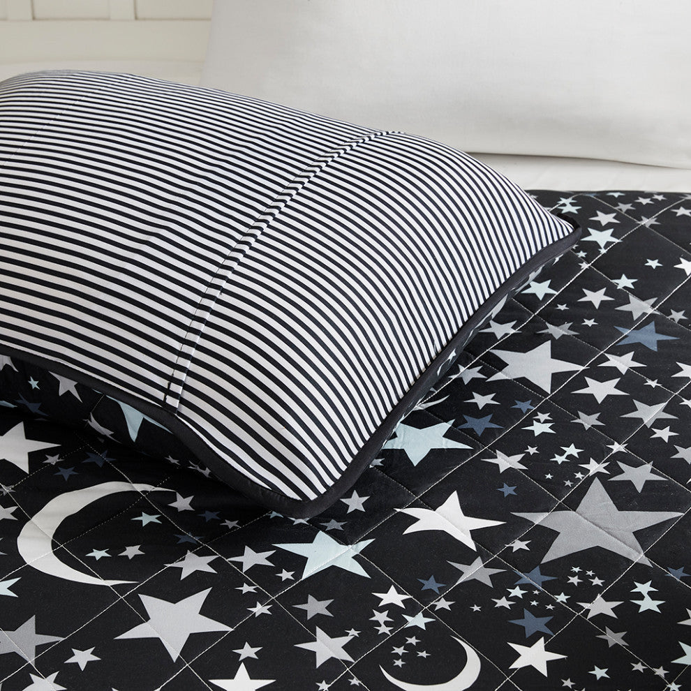 Mi Zone Kids Starry Night Stars Coverlet Set, Black, Antimicrobial, Twin