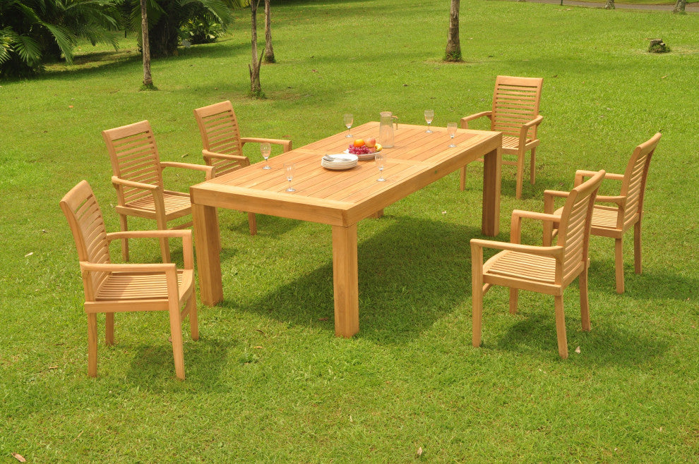 7-Piece Outdoor Teak Dining Set: 86" Rectangle Table, 6 Mas Stacking Arm Chair