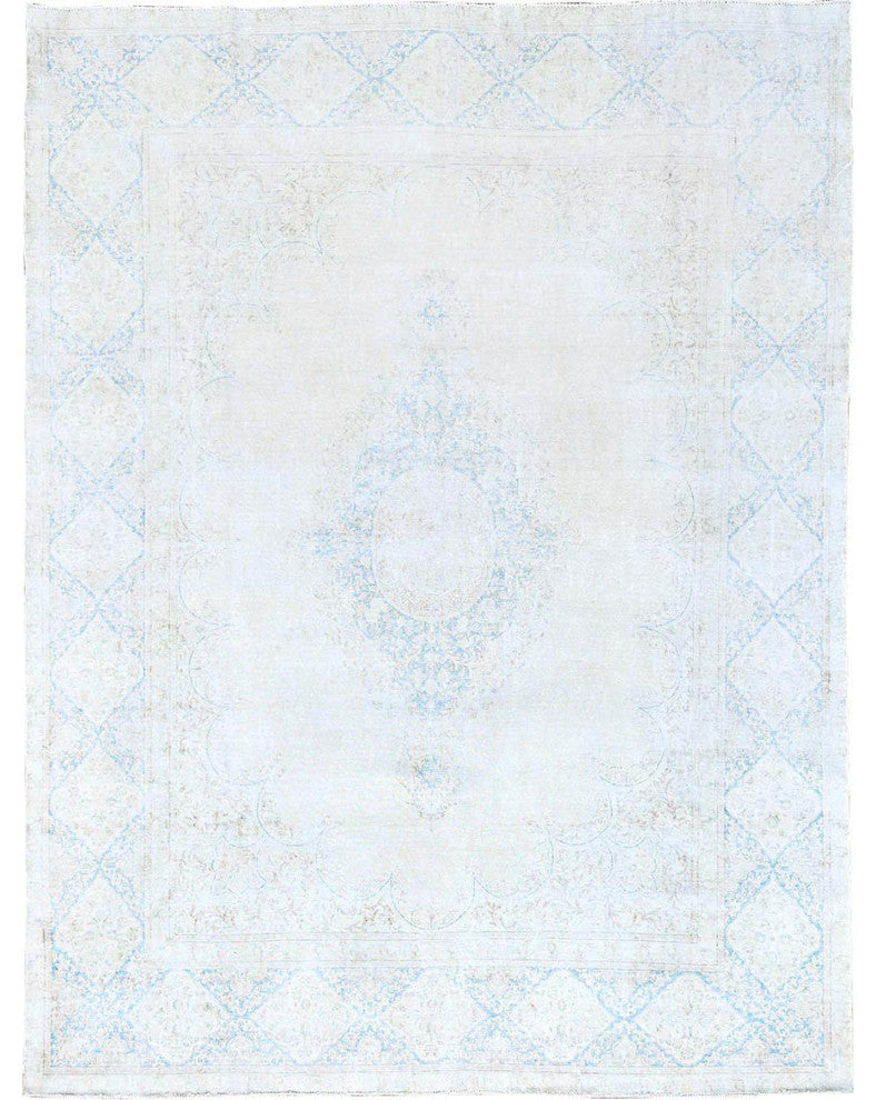 Spring White, Pure Wool, Hand Knotted, Vintage Persian Kerman Rug, 9'4"x12'3"