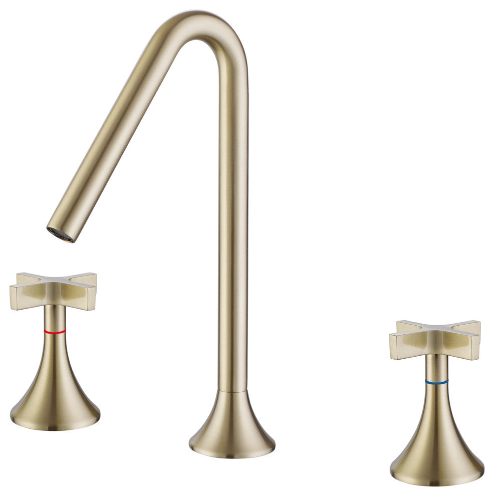 Deck Mounted Dual Cross Handles Bathroom Sink Faucet, Brushed Gold