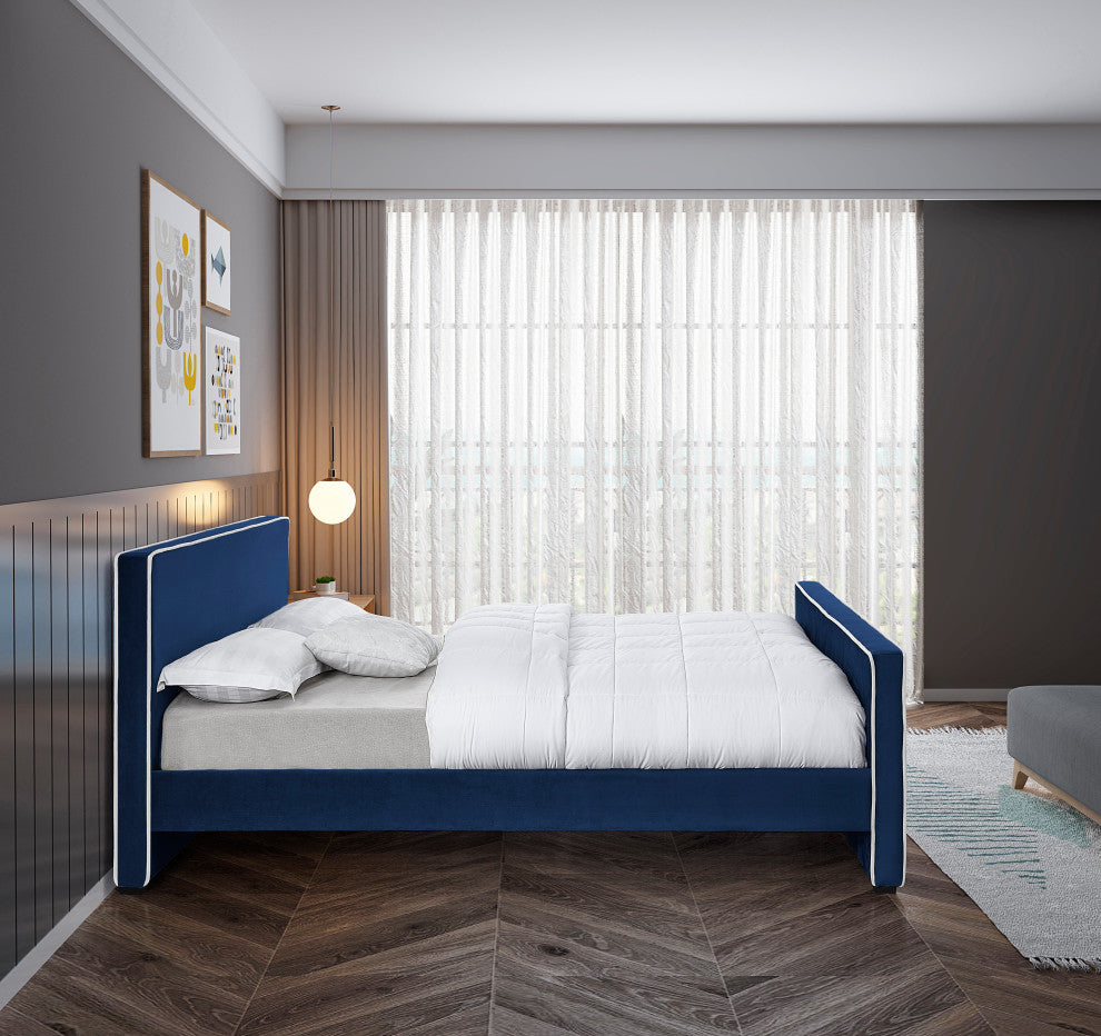 Dillard Velvet Upholstered Bed, Navy, Full