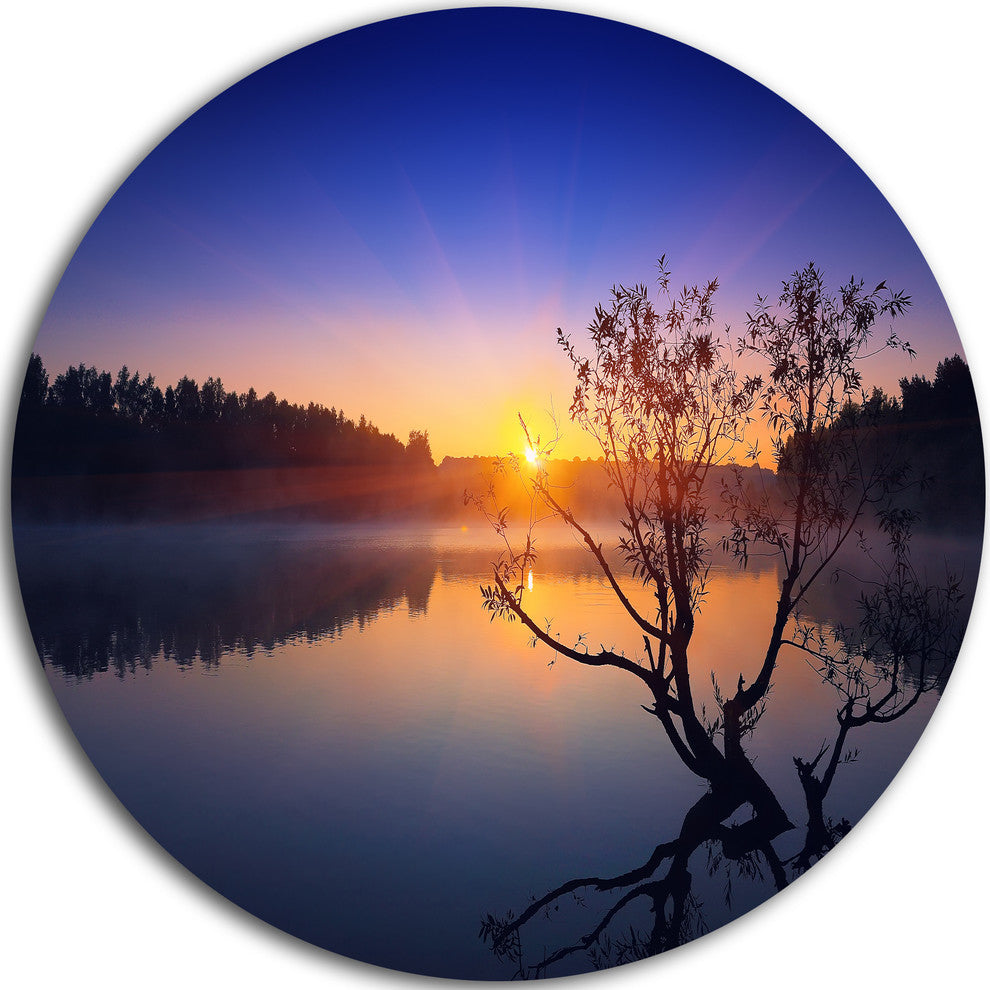 Lonely Tree In Pond In Blue, Disc Metal Wall Art Landscape, 11"