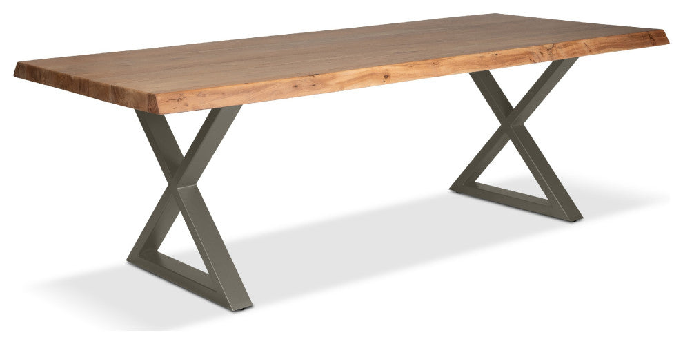 Brooks Dining Table, X-Base, 40"x79", Teak Top, Pewter Base