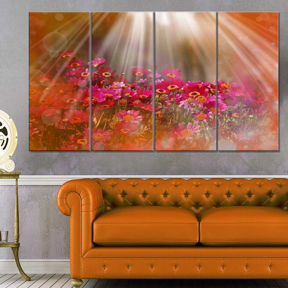 Sunlight over Garden with Flowers, Floral Canvas Artwork, 48"x28", 4 Panels