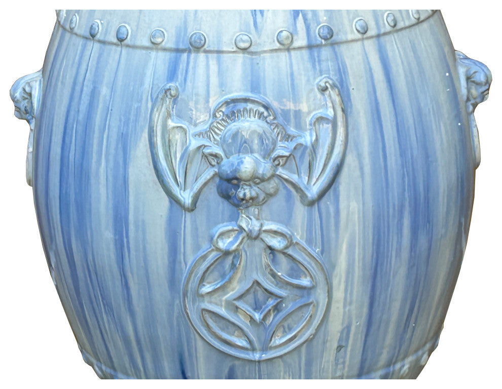 White Blue Glaze Bat Fortune Coin Pattern Round Ceramic Garden Stool Hcs7809