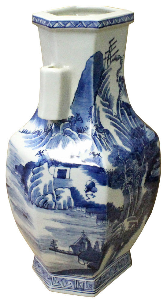 Chinese Blue and White Porcelain Oriental Mountain Scenery Graphic Vase Hcs3609