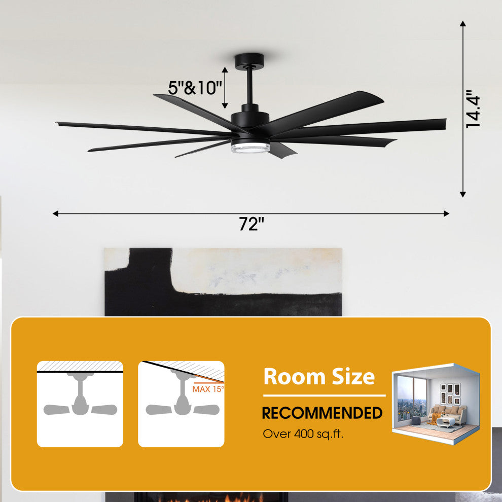 72-inch Modern Black Industrial LED Smart Ceiling Fan with Remote