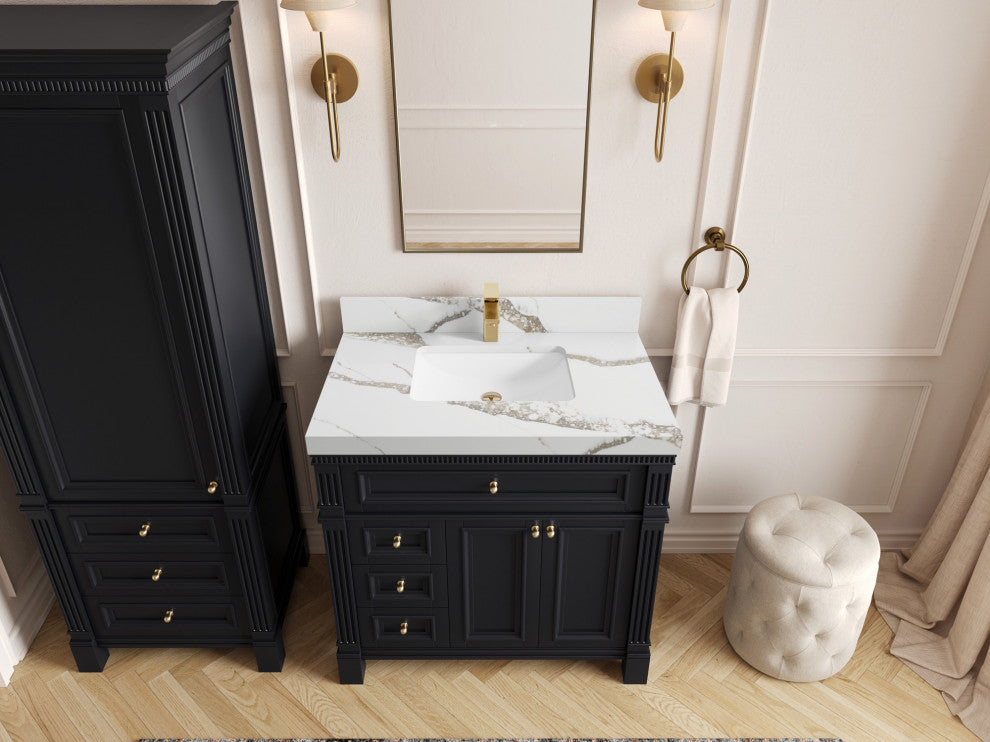 Paris 36" Center Sink Bathroom Vanity, Black 2" Calacatta Gold