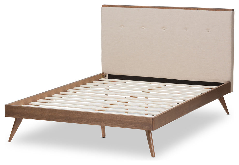 Bella Light Beige Fabric and Walnut Brown Finished Wood Queen Size Platform Bed