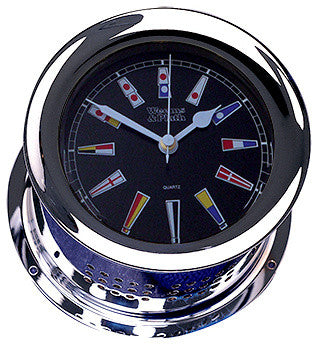 Weems and Plath Chrome Atlantis Quartz Clock Black Flag Dial
