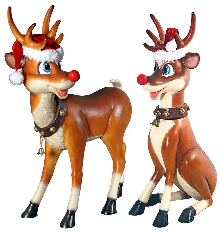 Set of 2 Large Red Nosed Reindeer Statues Nr
