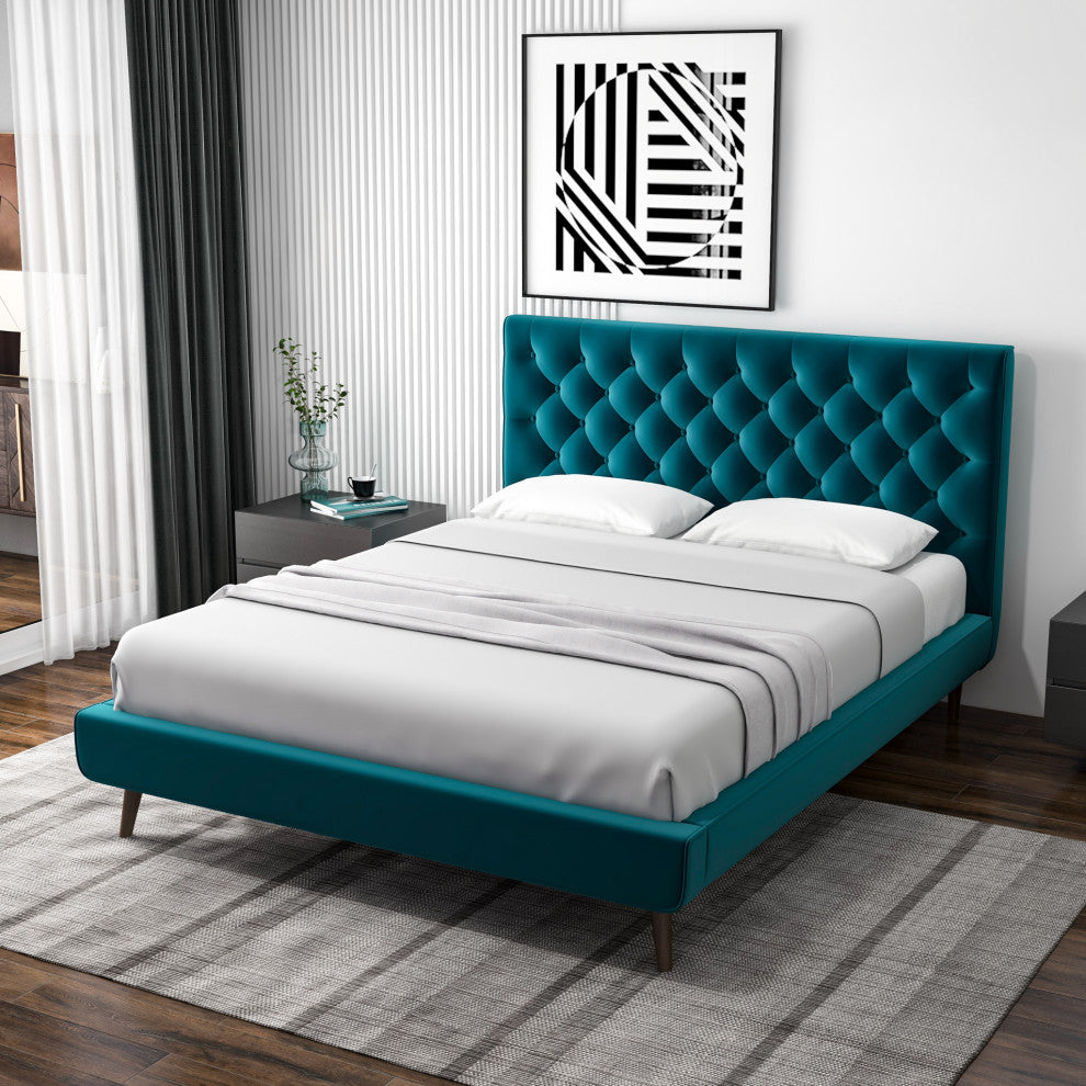 Ashley Midcentury Velvet Tufted Solid Wood Platform Bed, Teal, Queen