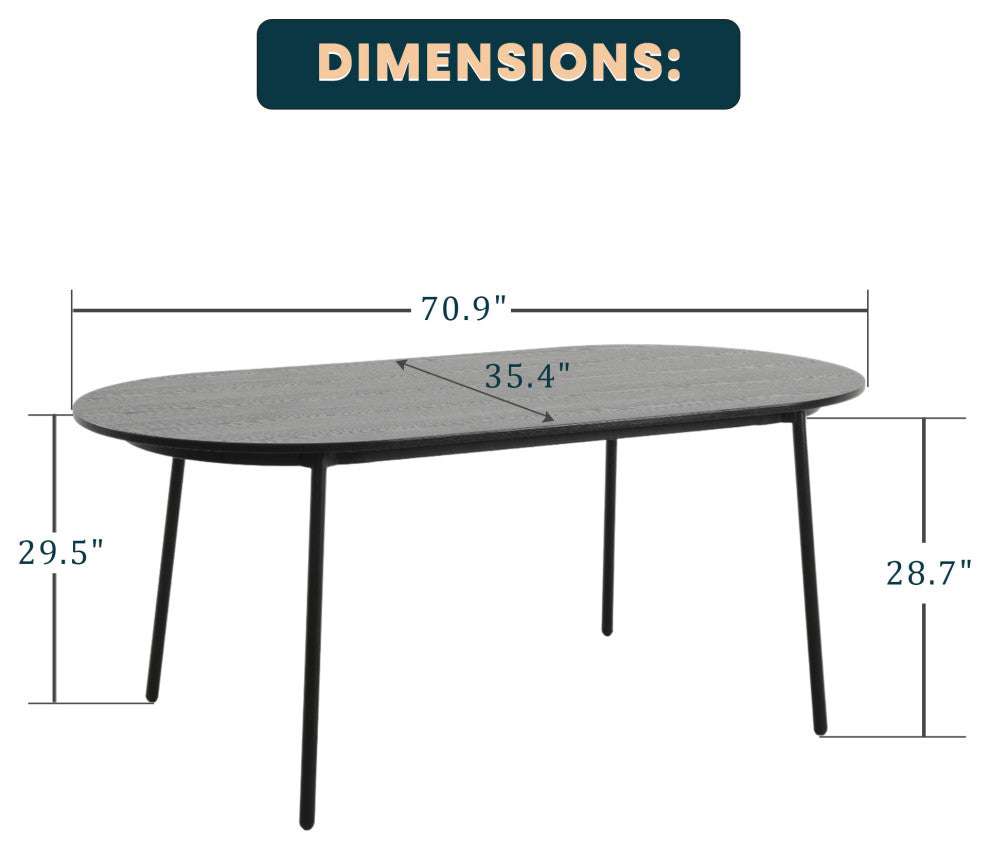 LeisureMod Tule 71" Oval Dining Table With MDF Top and Steel Legs, Black
