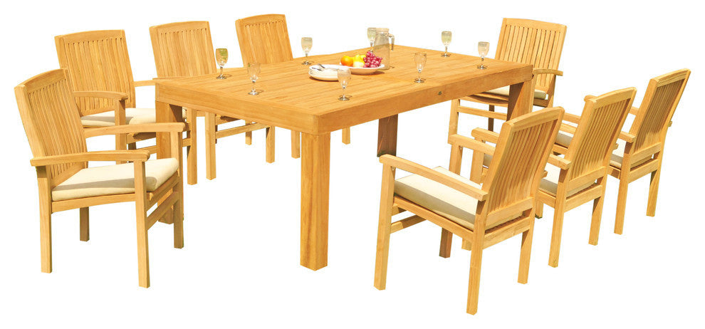 9-Piece Outdoor Teak Dining Set: 86" Rectangle Table, 8 Wave Stacking Arm Chairs