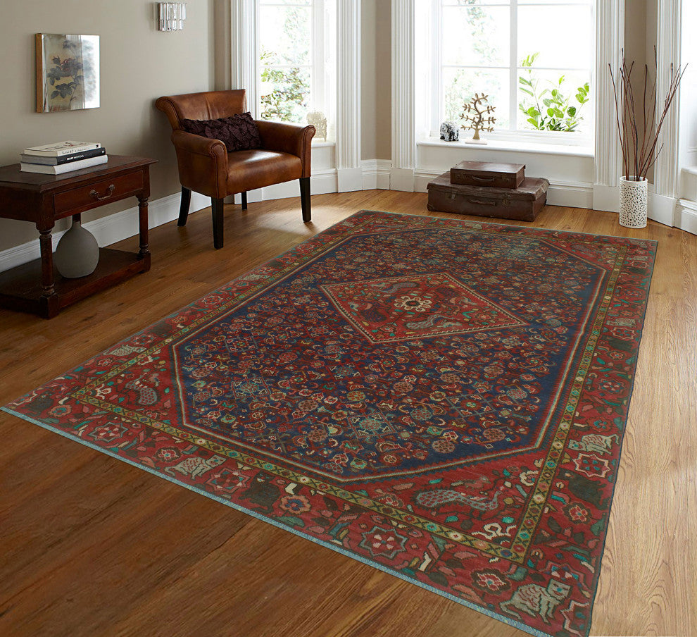 Fine Vintage Distressed Moneer Navy/Red Rug, 6'9x10'5