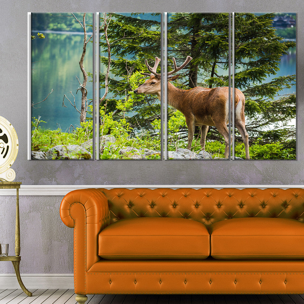 "Deer Stag Near the Lake" Canvas Print, 4 Panels