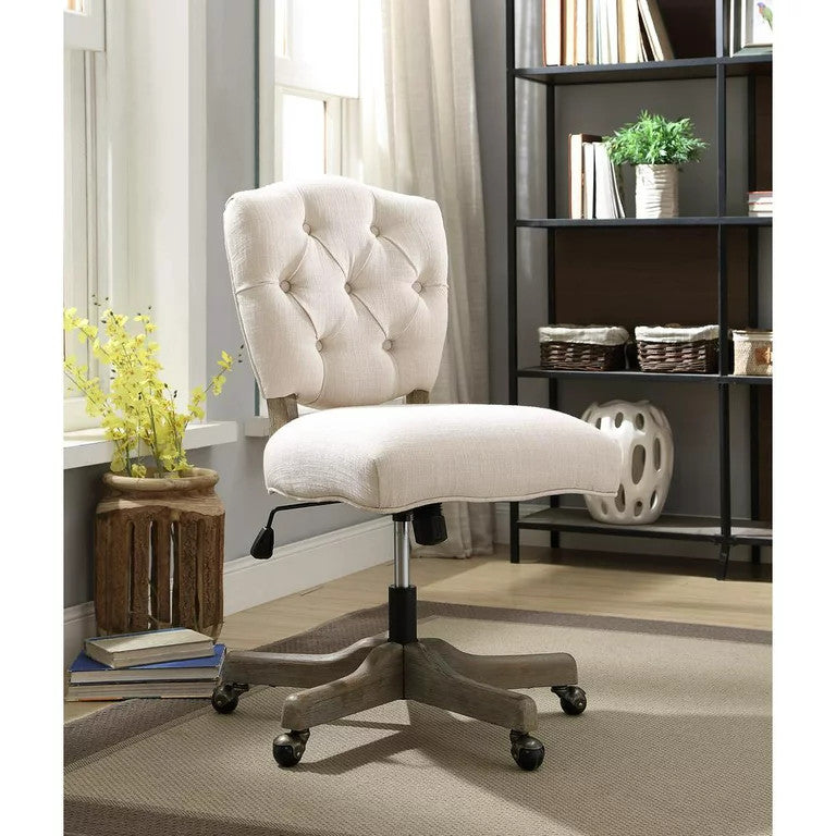 French Country Office Chair, Wooden Frame With Button Tufted Back, Gray Wash