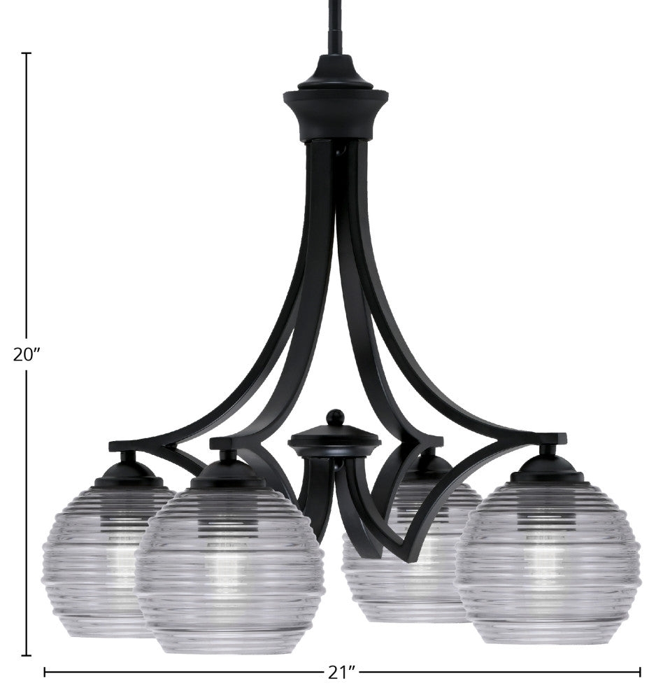 Zilo Downlight, 4 Light, Chandelier, Matte Black Finish, 6" Smoke Ribbed Glass