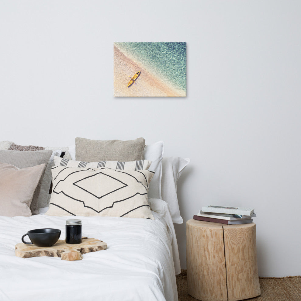 Yellow Canoe and Blue Sea by with Soft Violet Effect Canvas Wall Art Prints, 18" X 24"