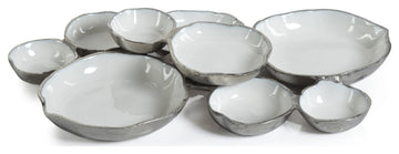 Cluster of Nine Round Serving Bowls With White Enamel Interior, Silver
