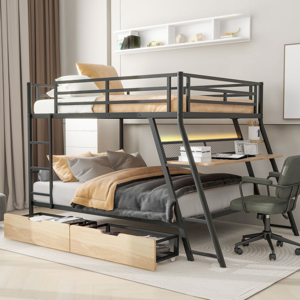Gewnee Full Size Metal Bunk Bed with Built-in Desk, Light and 2 Drawers, Black