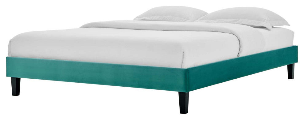 Platform Bed Frame, Queen Size, Velvet, Teal Blue, Modern Contemporary, Bedroom