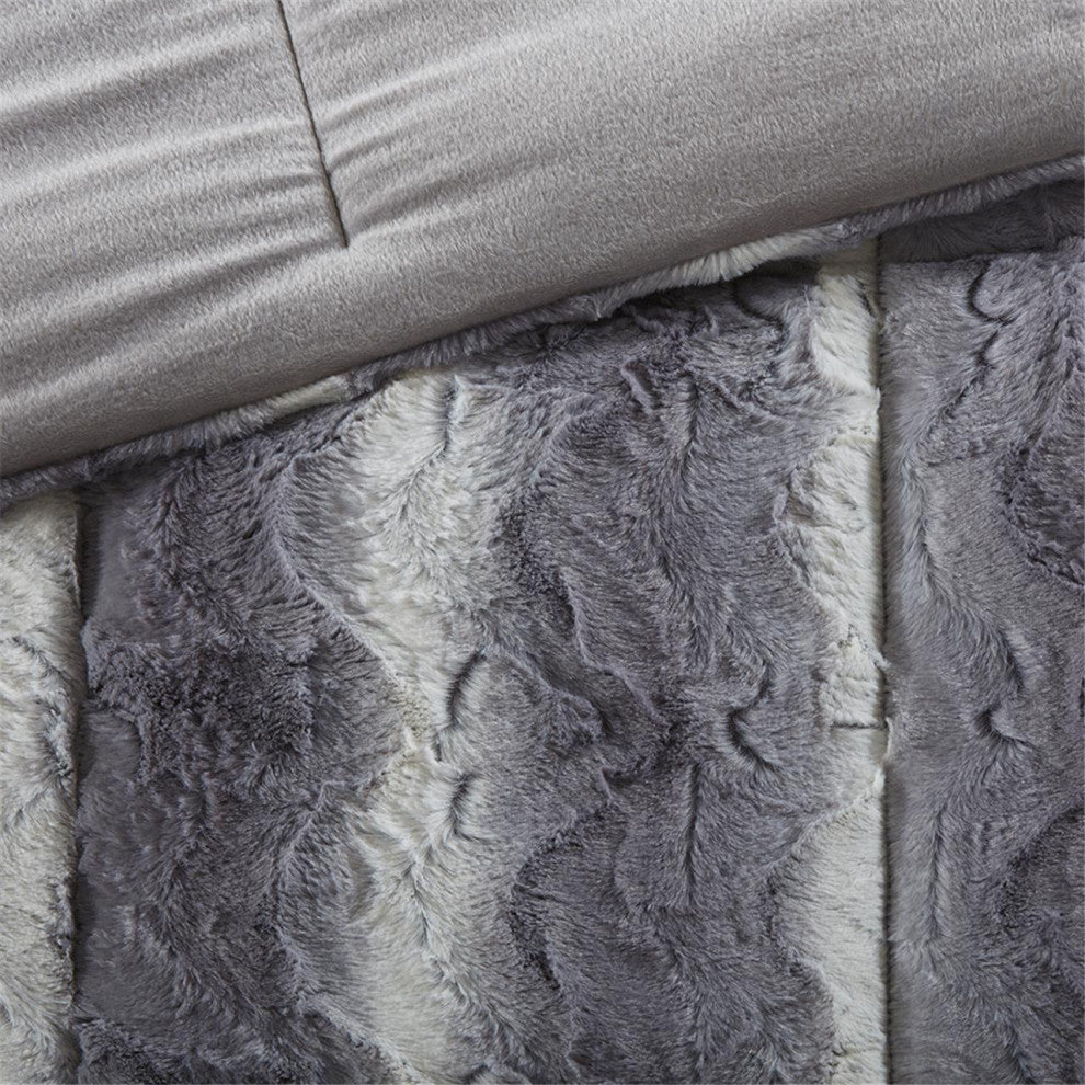 Madison Park Zuri Long Faux Fur 4-Piece Comforter Set, Grey, King