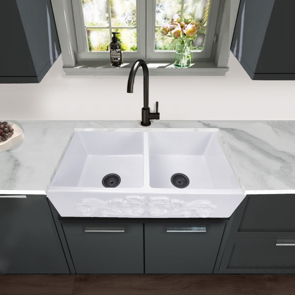 Nantucket Sinks FCFS3318D-Filigree 33 in. Double Bowl Farmhouse Fireclay Sink
