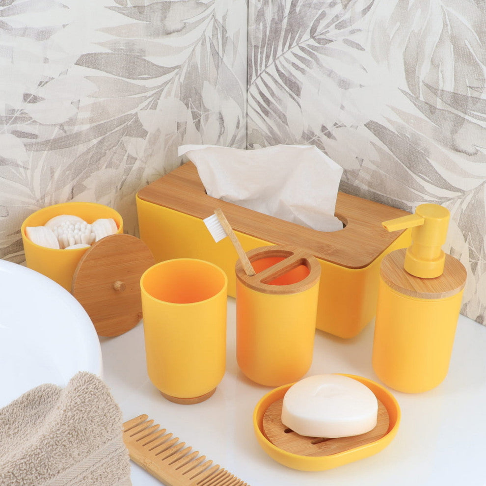 Yellow PADANG Soap Dish Cup Dispenser with Bamboo Tray
