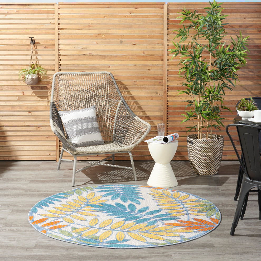 Nourison Aloha 4' x Round Ivory/Multi Tropical Area Rug