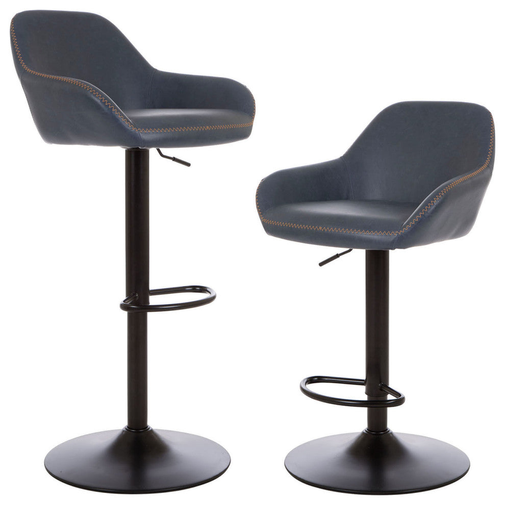 Vintage Navy Blue Leatherette Gaslift Adjustable Swivel Bar Stool, Set of 2