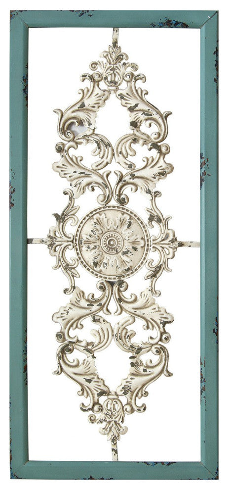 HomeRoots Distressed White and Turquoise Framed Scroll Metal Panel