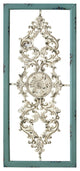 HomeRoots Distressed White and Turquoise Framed Scroll Metal Panel