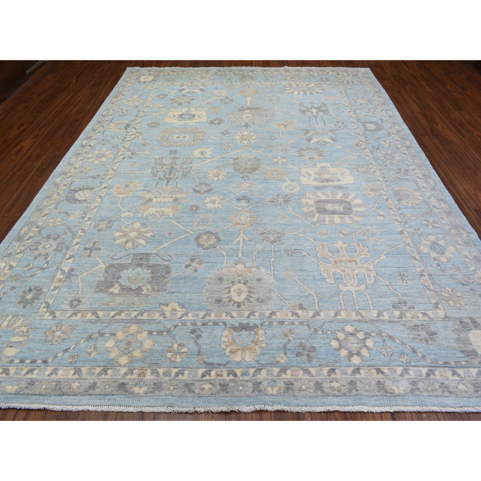 Blue Wool Hand Knotted Afghan Oushak All Over Design Oriental Rug, 9'1"x11'10"
