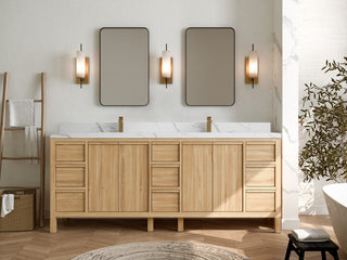 Elizabeth 84 Double Sink Bath Vanity in Light Natural Teak 2" Calacatta Laza