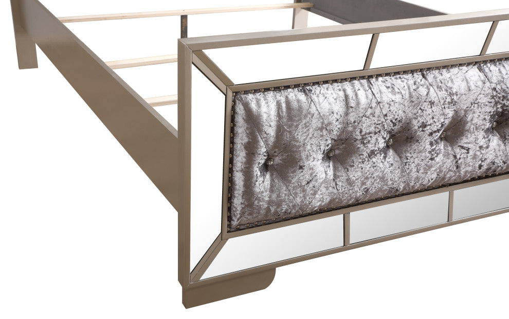 Galera Tufted and Mirrored Bed, Gray, Queen